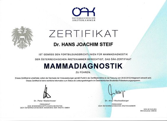 Zertifikat Mammadiagnostik Dr. Joachim Steif